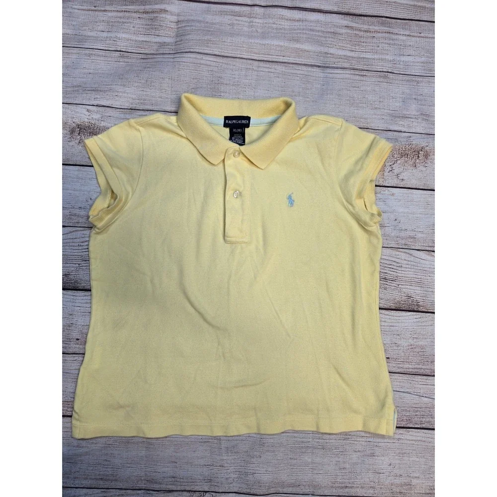 Ralph Lauren Girl's Polo Shirt Size XL Cap Sleeve Yellow Logo Light Blue Pony